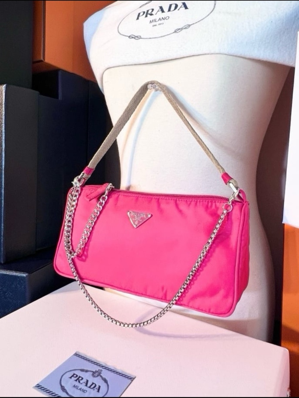 Prada⭐️🌸Hot Pink Nylon Shoulder Bag with Silver Chain!⭐️Offers always welcome!